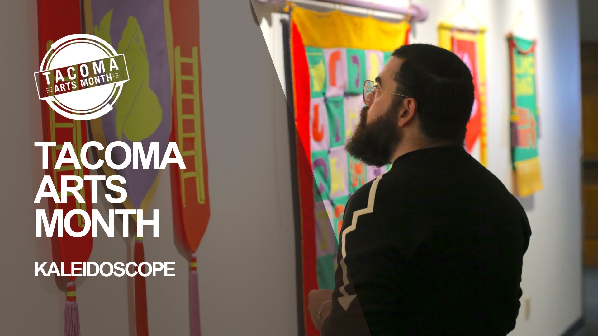 A participant enjoys artworks from Gillian Nordlund at Kaleidoscope, the opening celebration of Tacoma Arts Month.