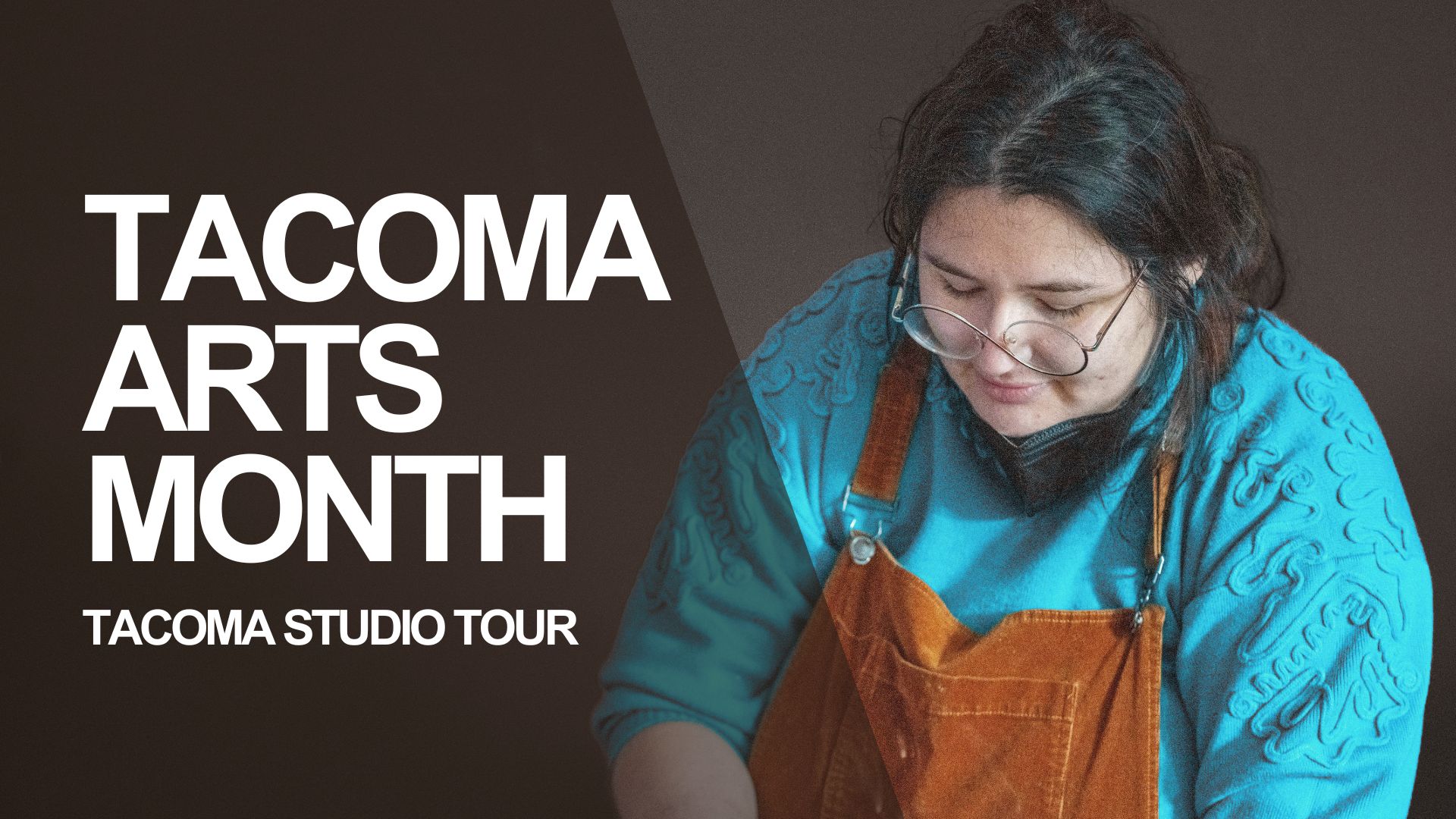 A person wearing glasses, a teal sweater with a textured pattern, and brown overalls, demonstrating pottery techniques during the Tacoma Studio Tour as part of Tacoma Arts Month. 